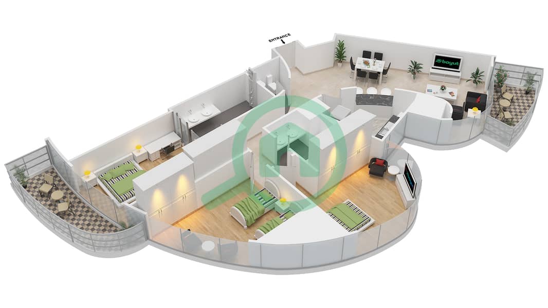 D座 - 3 卧室公寓单位4戶型图 interactive3D