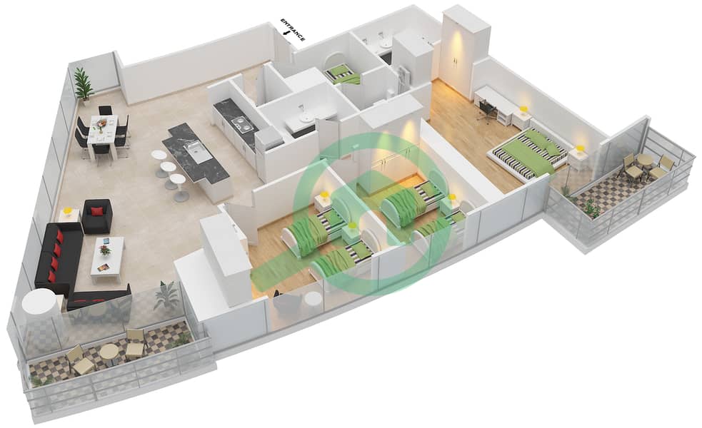 المخططات الطابقية لتصميم الوحدة 1 شقة 3 غرف نوم - برج D interactive3D