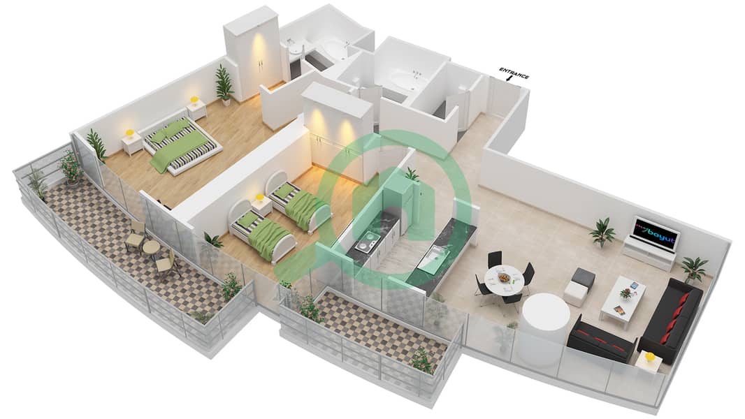 D座 - 2 卧室公寓单位6戶型图 interactive3D