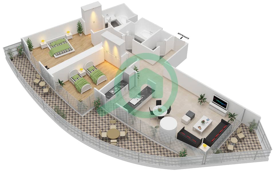 D座 - 2 卧室公寓单位7A戶型图 interactive3D