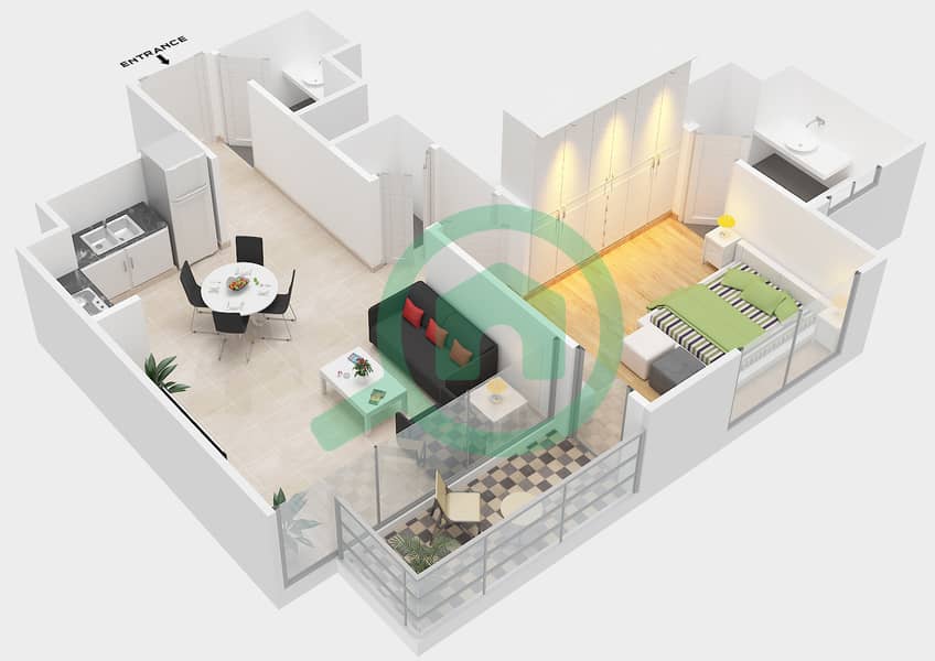 المخططات الطابقية لتصميم النموذج 1-1BA شقة 1 غرفة نوم - مراسي ريفرسايد interactive3D