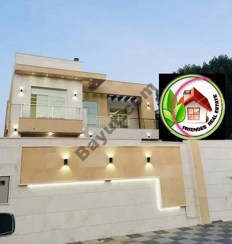 Villa for sale in Ajman, Al Mowaihat area, modern design with excellent stone face, finishes with the possibility of bank financing%