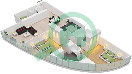 المخططات الطابقية لتصميم الوحدة 16 شقة 1 غرفة نوم - برج ليف