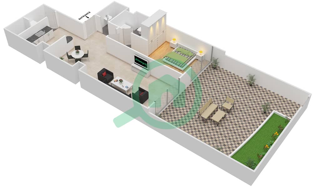 المخططات الطابقية لتصميم النموذج F شقة 1 غرفة نوم - أكوامارين interactive3D