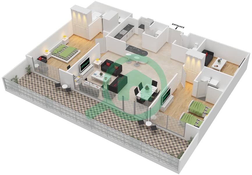 Аквамарин - Апартамент 2 Cпальни планировка Тип C interactive3D