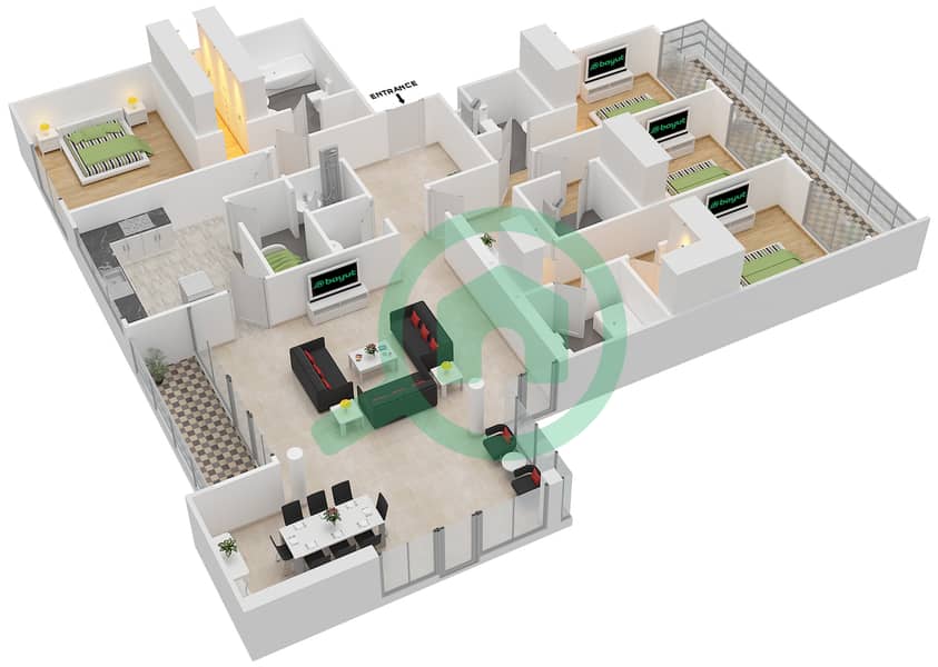 海蓝宝石公寓大楼 - 4 卧室顶楼公寓类型1戶型图 interactive3D