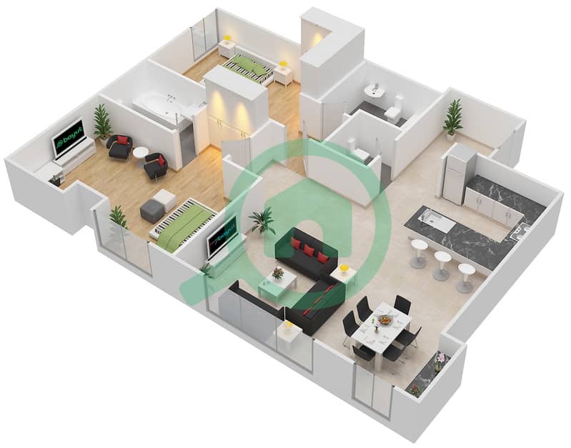 Park Central - 2 Bedroom Apartment Type 1/FLOOR 1-3 Floor plan interactive3D