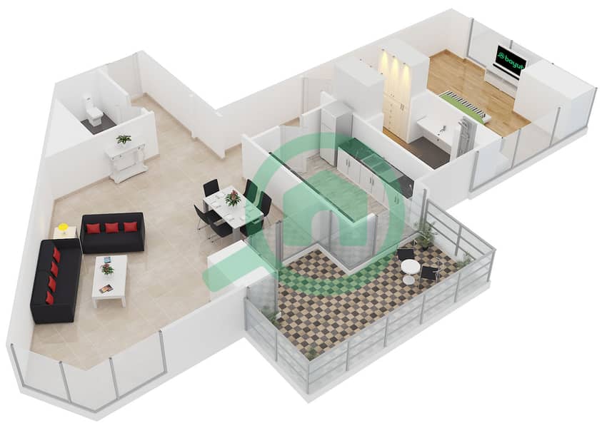 Сафир Тауэр 1 - Апартамент 1 Спальня планировка Тип 2 interactive3D