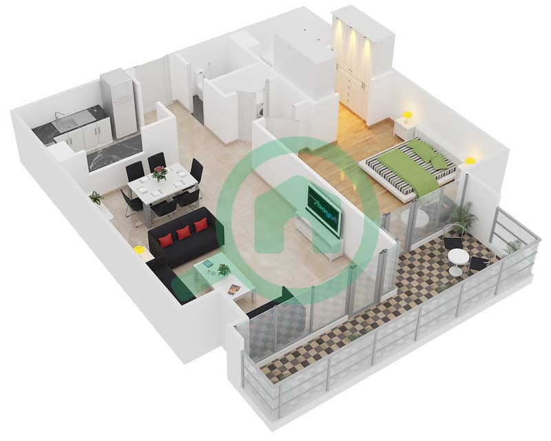 Сафир Тауэр 1 - Апартамент 1 Спальня планировка Тип 3 interactive3D