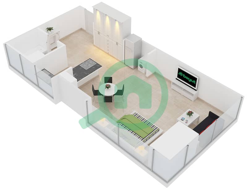 المخططات الطابقية لتصميم النموذج 3 شقة استوديو - برج السفير 1 interactive3D