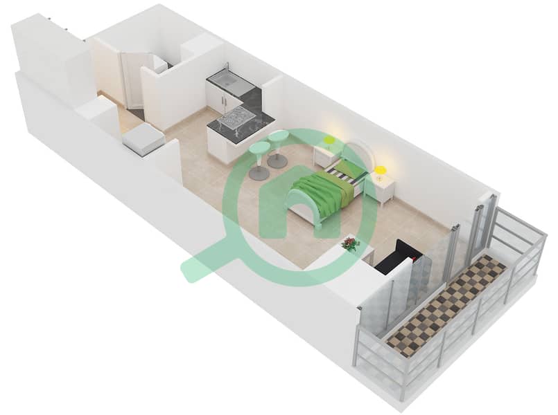 المخططات الطابقية لتصميم النموذج 1 شقة استوديو - برج السفير 1 interactive3D