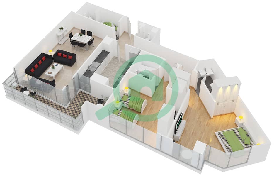 Сафир Тауэр 1 - Апартамент 2 Cпальни планировка Тип 2 interactive3D