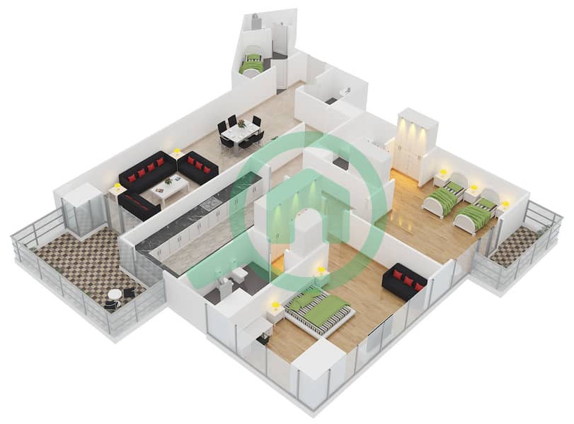 المخططات الطابقية لتصميم النموذج 1 شقة 2 غرفة نوم - برج السفير 1 interactive3D