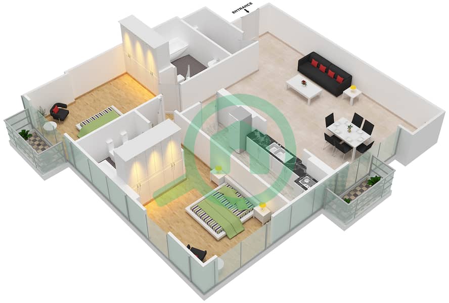 阿尔穆拉德大厦 - 2 卧室公寓单位4 FLOOR L16戶型图 image3D