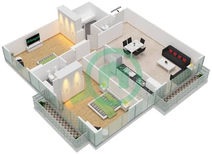 المخططات الطابقية لتصميم الوحدة 11 FLOOR L16 شقة 2 غرفة نوم - برج المراد