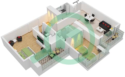المخططات الطابقية لتصميم الوحدة 2 شقة 2 غرفة نوم - أبراج الواحة