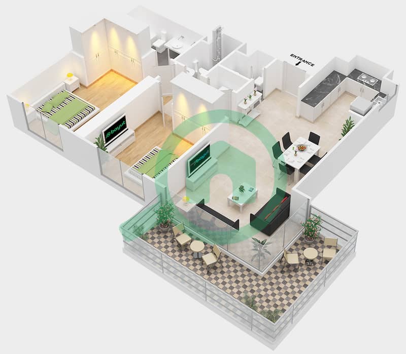 Мараси Риверсайд - Апартамент 2 Cпальни планировка Тип 1-2BA interactive3D