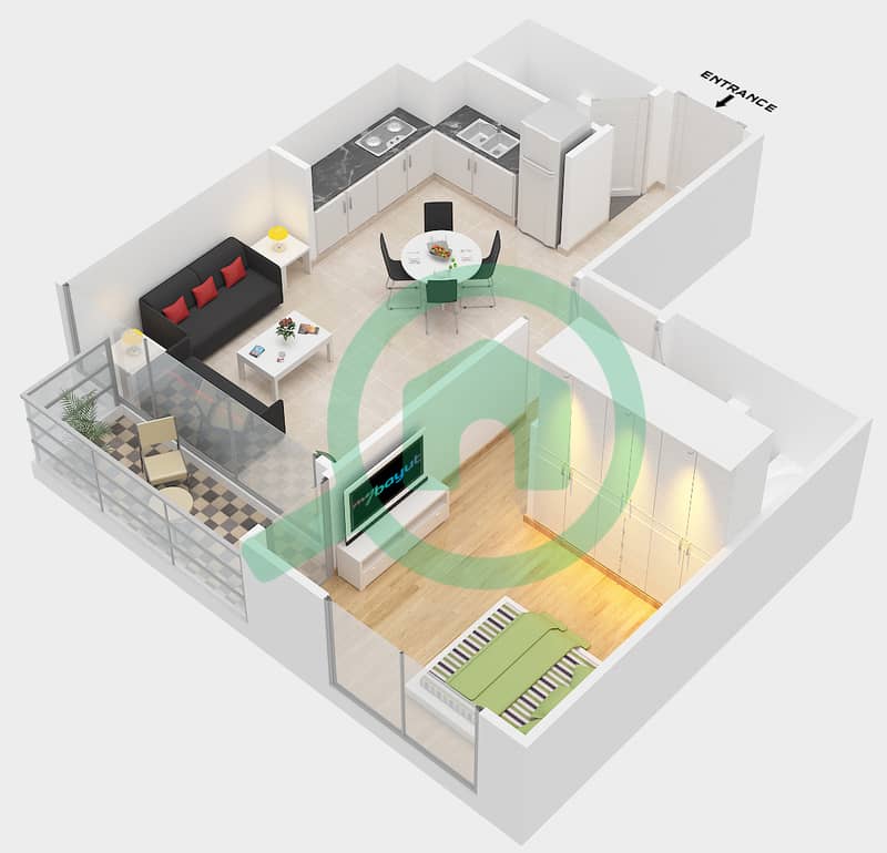المخططات الطابقية لتصميم النموذج 2-1BA شقة 1 غرفة نوم - مراسي ريفرسايد interactive3D