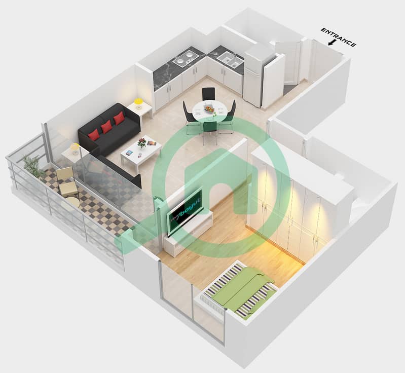 المخططات الطابقية لتصميم النموذج 2A-1BA شقة 1 غرفة نوم - مراسي ريفرسايد interactive3D
