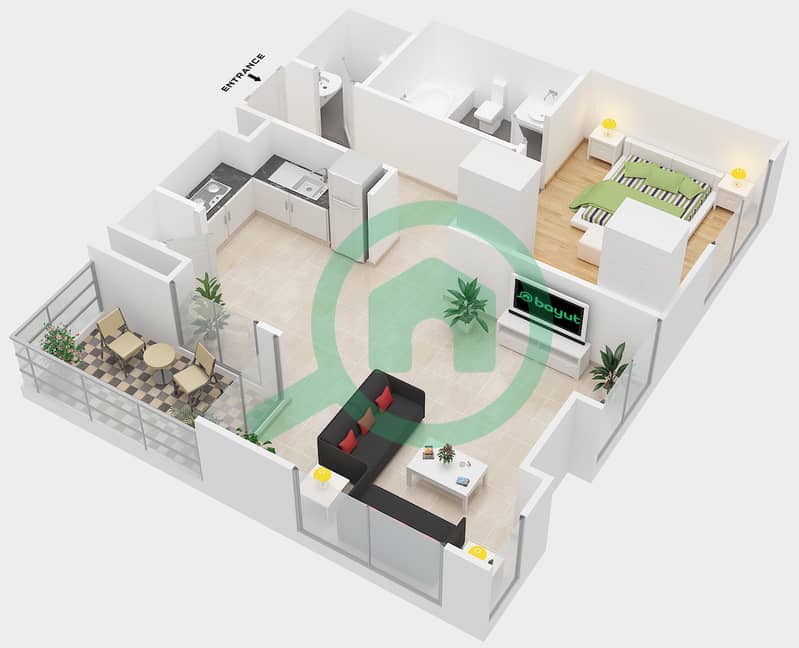 Мараси Риверсайд - Апартамент 1 Спальня планировка Тип 3-1BA interactive3D