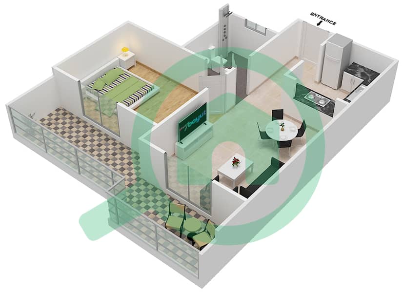 Qasr Sabah 2 - 1 Bedroom Apartment Unit 16 Floor plan image3D