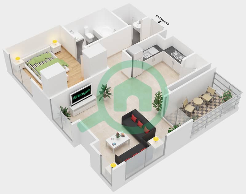 Marasi Riverside - 1 Bedroom Apartment Type 3A-1BA Floor plan interactive3D