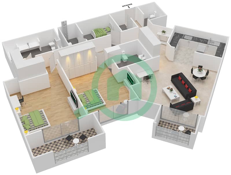 Taj Grandeur Residences - 2 Bedroom Apartment Type 1 Floor plan interactive3D