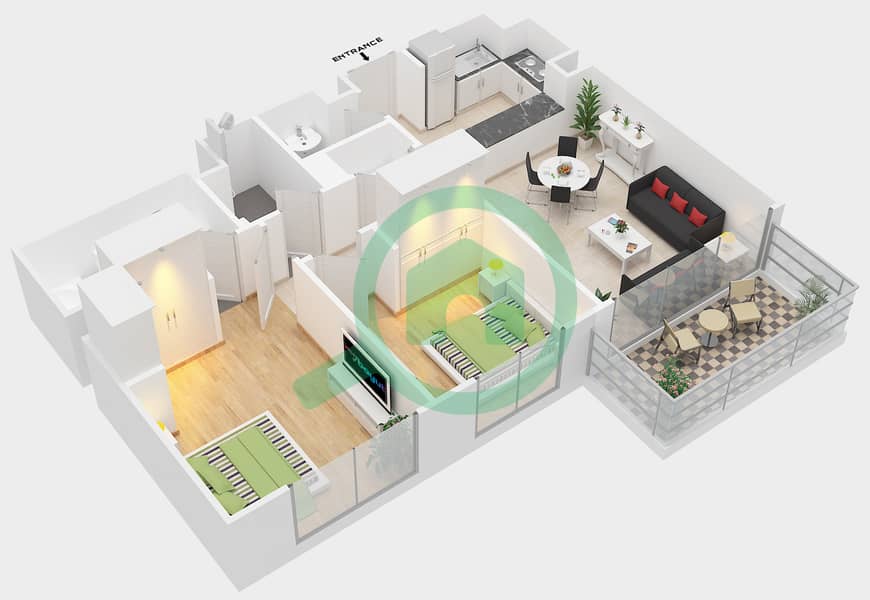 Мараси Риверсайд - Апартамент 2 Cпальни планировка Тип 2-2BA interactive3D