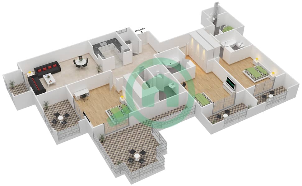 Taj Grandeur Residences - 3 Bedroom Apartment Type 1 Floor plan interactive3D