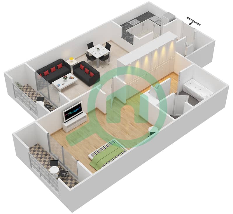 Taj Grandeur Residences - 1 Bedroom Apartment Type 2 Floor plan interactive3D