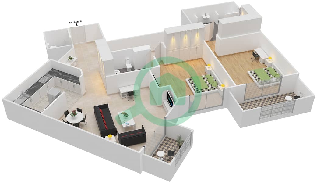 المخططات الطابقية لتصميم النموذج 2 شقة 2 غرفة نوم - مساكن تاج العظمة interactive3D
