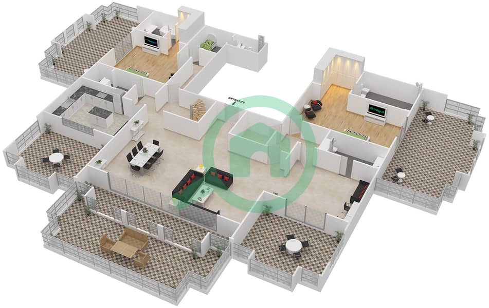 Тадж Грандюр Резиденсис - Апартамент 3 Cпальни планировка Тип 2 interactive3D