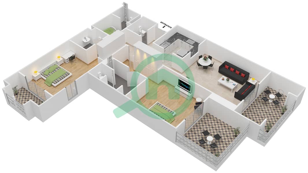 المخططات الطابقية لتصميم النموذج 3 شقة 2 غرفة نوم - مساكن تاج العظمة interactive3D