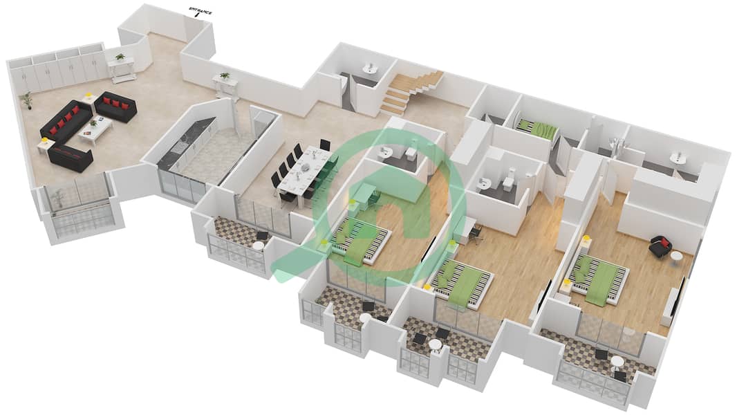 المخططات الطابقية لتصميم النموذج 3 شقة 3 غرف نوم - مساكن تاج العظمة interactive3D