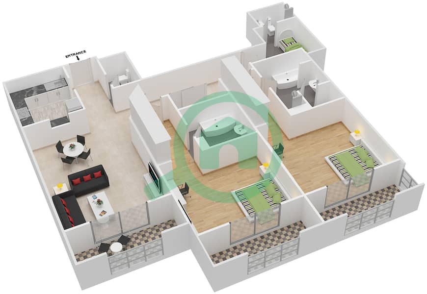 泰姬陵豪华公馆 - 2 卧室公寓类型6戶型图 interactive3D