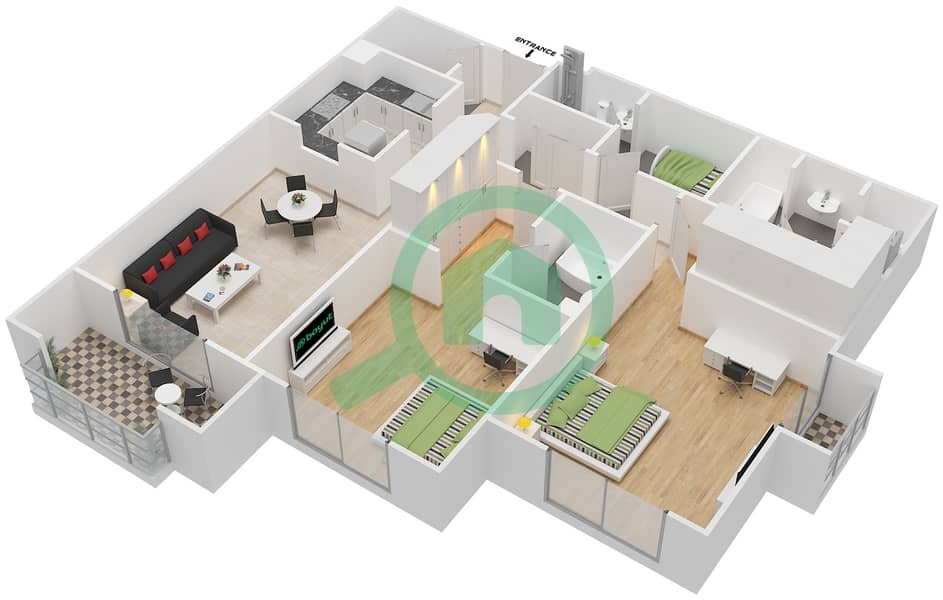 Тадж Грандюр Резиденсис - Апартамент 2 Cпальни планировка Тип 4 interactive3D