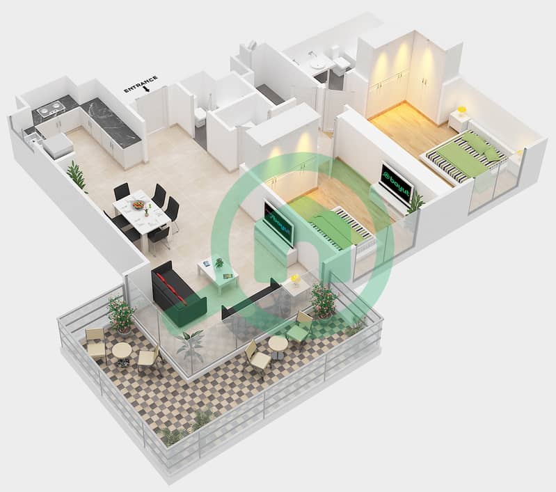المخططات الطابقية لتصميم النموذج 4-2BA شقة 2 غرفة نوم - مراسي ريفرسايد interactive3D