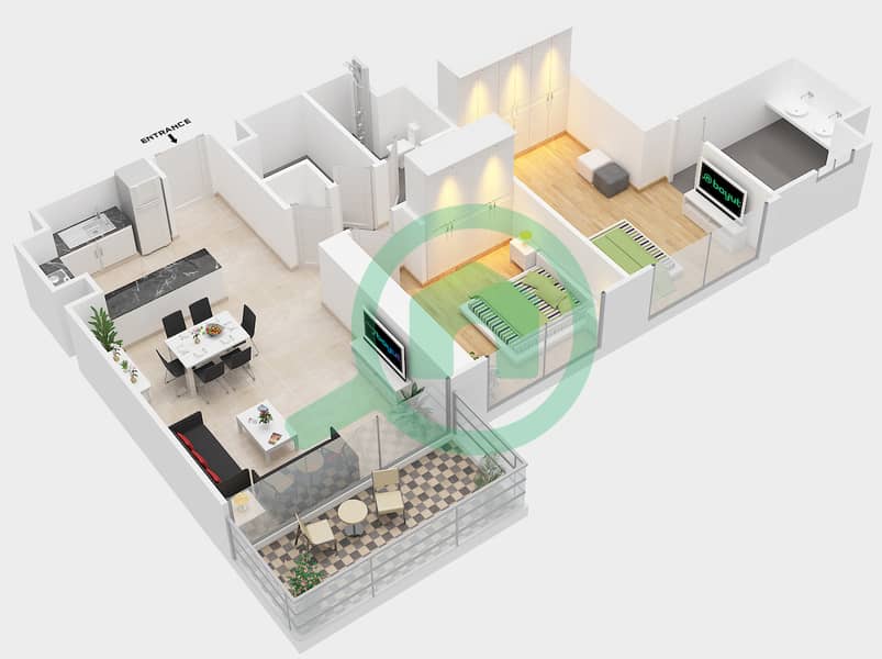 المخططات الطابقية لتصميم النموذج 5-2BA شقة 2 غرفة نوم - مراسي ريفرسايد interactive3D