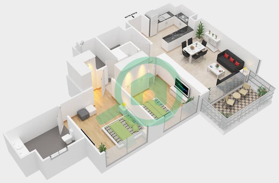 Мараси Риверсайд - Апартамент 2 Cпальни планировка Тип 3-2BA interactive3D