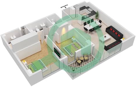 المخططات الطابقية لتصميم النموذج O شقة 2 غرفة نوم - ريزيدنس بلازا