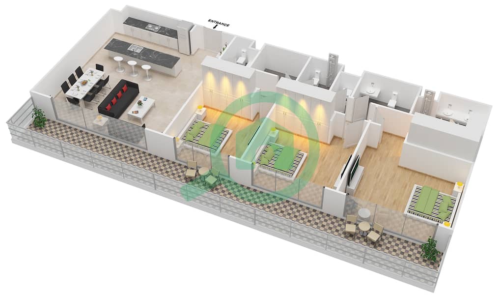 المخططات الطابقية لتصميم النموذج A شقة 3 غرف نوم - مراسي ريفرسايد interactive3D