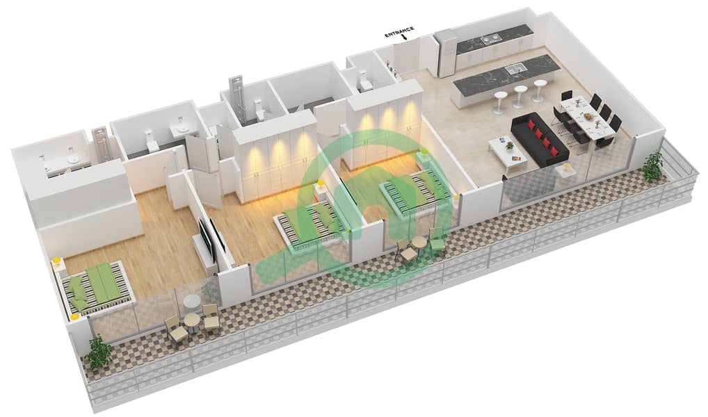 马拉西河畔大厦 - 3 卧室公寓类型B戶型图 interactive3D