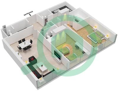 المخططات الطابقية لتصميم النموذج C شقة 2 غرفة نوم - برج سيبا
