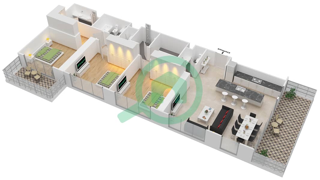 Мараси Риверсайд - Апартамент 3 Cпальни планировка Тип C interactive3D