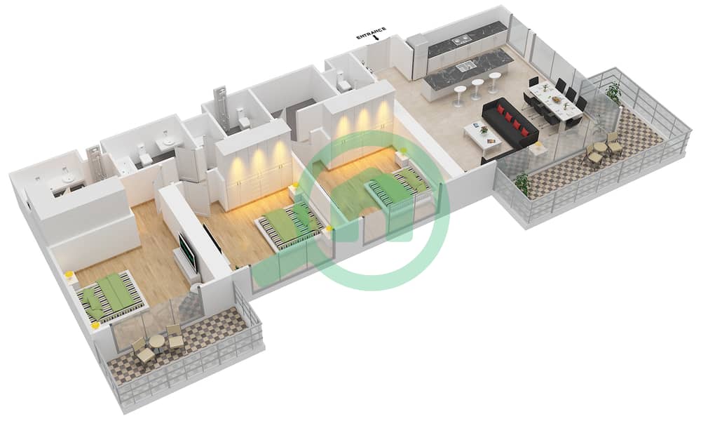 Мараси Риверсайд - Апартамент 3 Cпальни планировка Тип D interactive3D