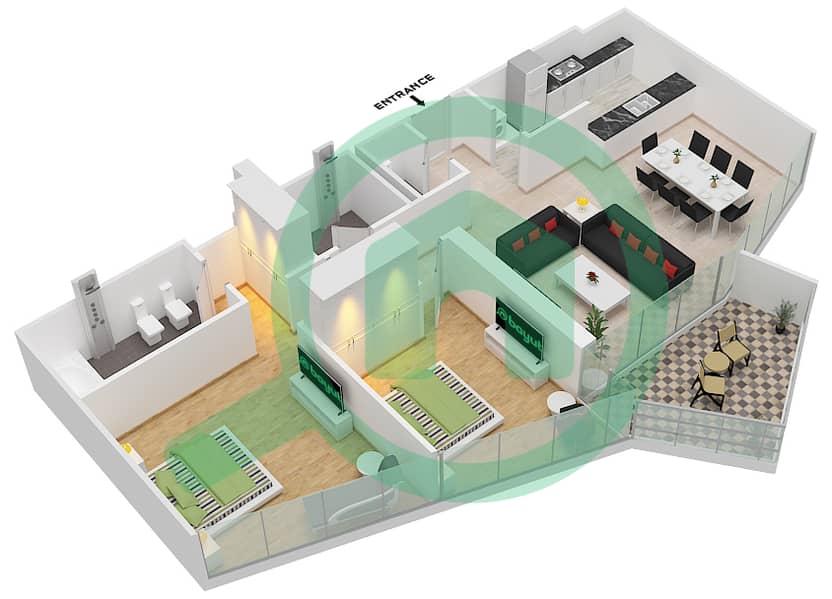 المخططات الطابقية لتصميم النموذج 01/FLOOR 18-27 شقة 2 غرفة نوم - ستيلا ماريس 01/Floor 18-27 interactive3D