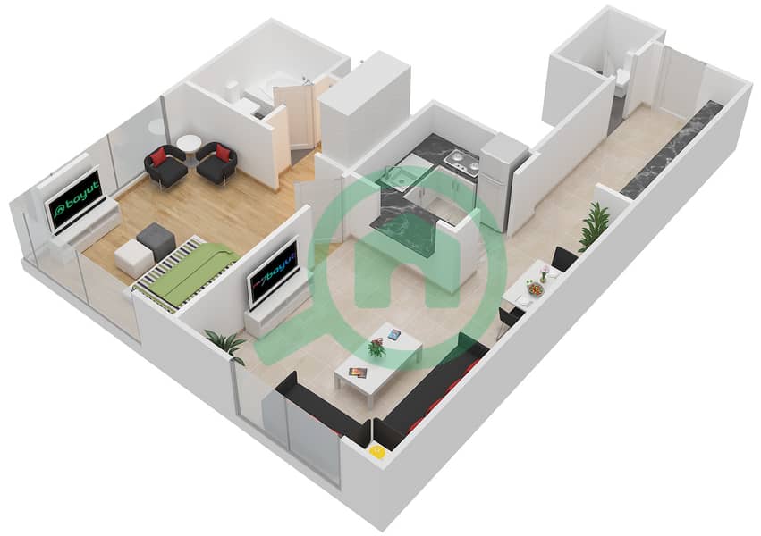 المخططات الطابقية لتصميم النموذج B شقة 1 غرفة نوم - برج سكالا interactive3D