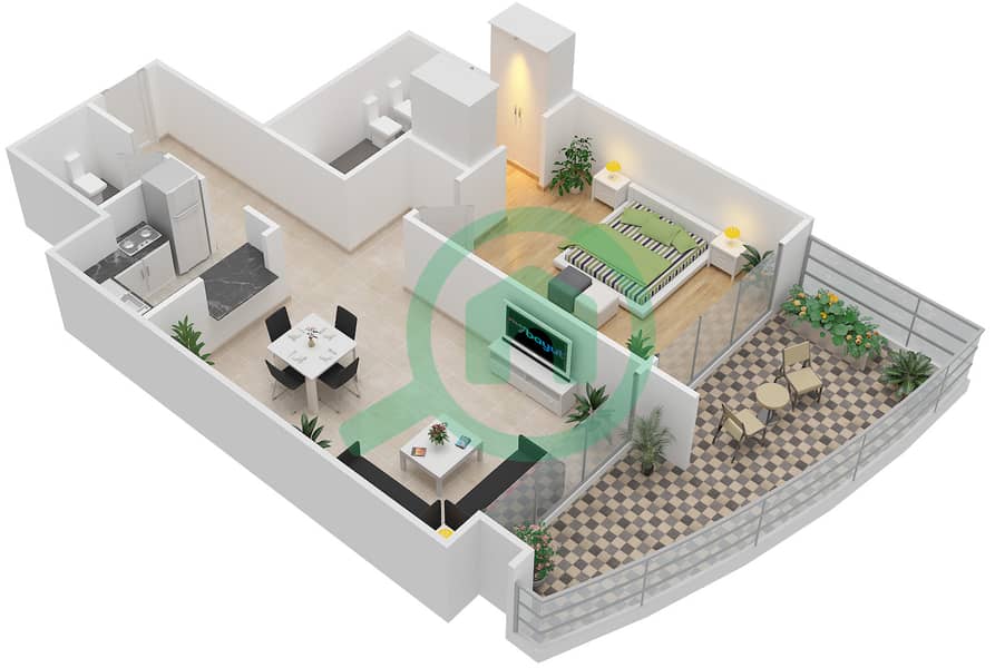 المخططات الطابقية لتصميم النموذج D شقة 1 غرفة نوم - برج سكالا interactive3D