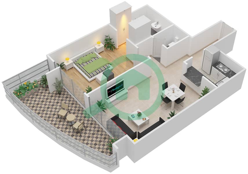 المخططات الطابقية لتصميم النموذج E شقة 1 غرفة نوم - برج سكالا interactive3D