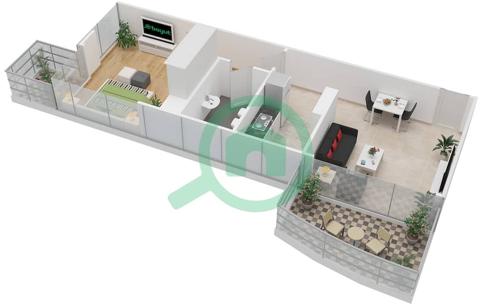 المخططات الطابقية لتصميم النموذج H شقة 1 غرفة نوم - برج سكالا interactive3D